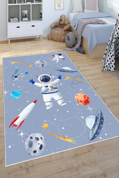 Dijital Baskılı Dekoratif Kaymaz Taban Yıkanabilir Uzay Temalı Modern Çocuk Halısı 60x200 cm Gri ürün görseli