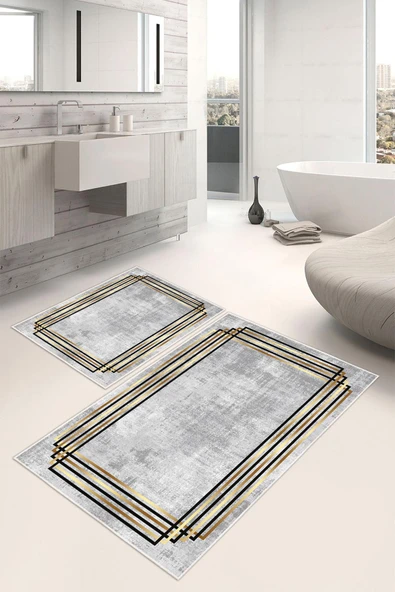 Dijital Baskı Çerçeveli Kaymaz Taban 2li Set Banyo Paspası Klozet Takımı (50x60cm-60x100cm) Gri Tek Ebat ürün görseli