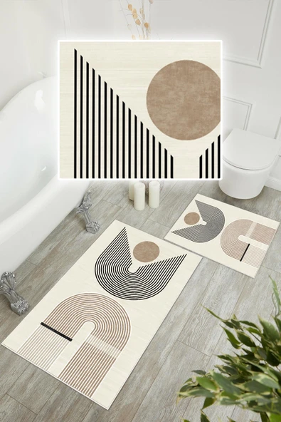 Dijital Baskı Modern Kaymaz Taban 2li Set Banyo Paspası Klozet Takımı (50x60cm-60x100cm) Kahverengi Tek Ebat - Resim 3