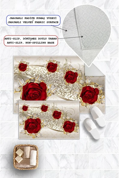 Dijital Baskı Gül Desen Kaymaz Taban 2li Set Banyo Paspası Klozet Takımı (50x60cm-60x100cm) Krem Tek Ebat ürün görseli