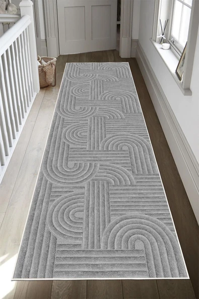 Dijital Baskılı Dekoratif Kaymaz Taban Yıkanabilir Geometrik Yolluk Antre Hol Halısı Salon Halısı 40 x 60 cm Gri - Resim 2