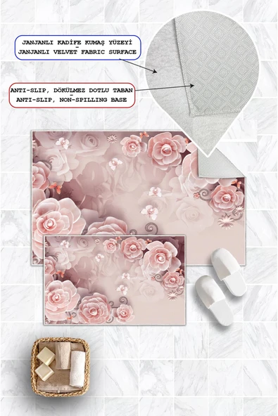 Dijital Baskı Gül Desen Kaymaz Taban 2li Set Banyo Paspası Klozet Takımı (50x60cm-60x100cm) Pembe Tek Ebat - Resim 2