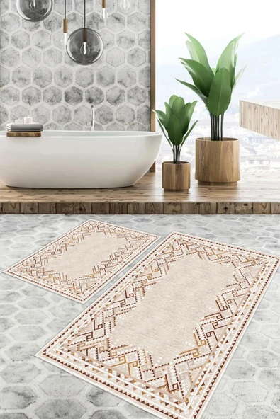 Dijital Baskı Kilim Desen Kaymaz Taban 2li Set Banyo Paspası Klozet Takımı (50x60cm-60x100cm) Krem Tek Ebat ürün görseli