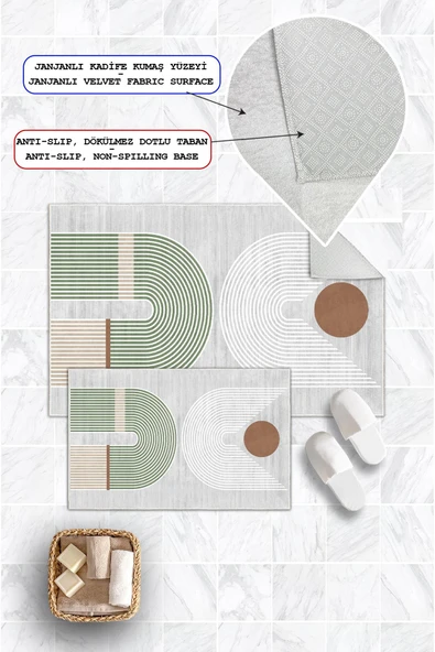 Dijital Baskı Modern Kaymaz Taban 2li Set Banyo Paspası Klozet Takımı (50x60cm-60x100cm) Yeşil Tek Ebat - Resim 2