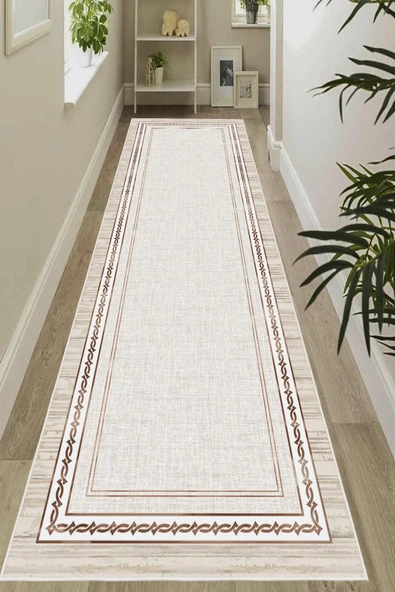 Dijital Baskılı Dekoratif Kaymaz Taban Yıkanabilir Çerceveli Yolluk Antre Hol Halısı Salon Halısı 200 x 300 cm Krem - Resim 3