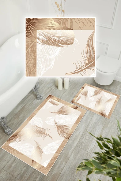 Dijital Baskı Tüy Desen Kaymaz Taban 2li Set Banyo Paspası Klozet Takımı (50x60cm-60x100cm) Krem Tek Ebat - Resim 2