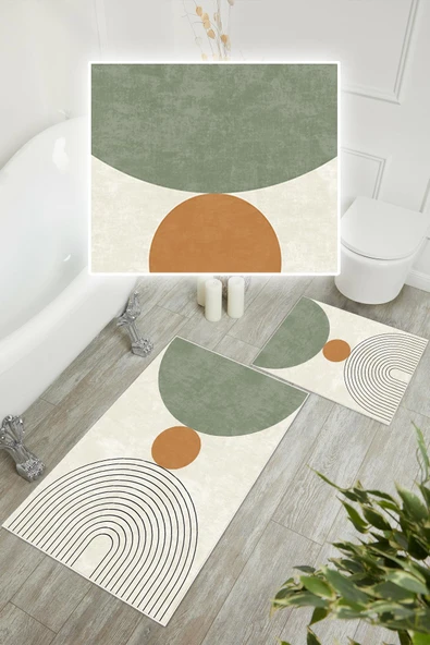 Dijital Baskı Art Serisi Kaymaz Taban 2li Set Banyo Paspası Klozet Takımı (50x60cm-60x100cm) Krem Tek Ebat - 3