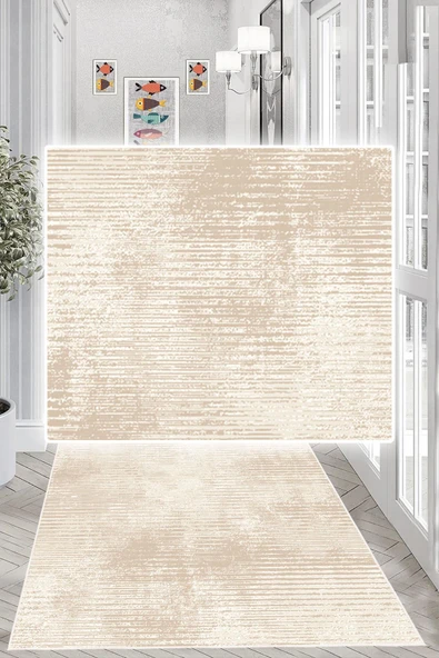 Dijital Baskılı Dekoratif Kaymaz Taban Yıkanabilir Modern Yolluk Antre Hol Halısı Salon Halısı 60 x 150 cm Krem - 2