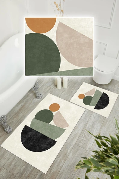 Dijital Baskı Art Serisi Kaymaz Taban 2li Set Banyo Paspası Klozet Takımı (50x60cm-60x100cm) Krem Tek Ebat - Resim 3