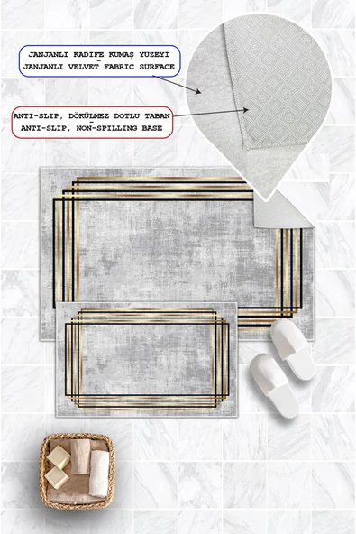 Dijital Baskı Çerçeveli Kaymaz Taban 2li Set Banyo Paspası Klozet Takımı (50x60cm-60x100cm) Gri Tek Ebat - Resim 2