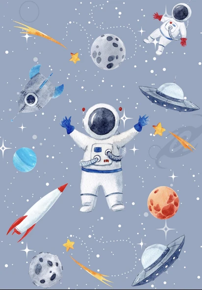 Dijital Baskılı Dekoratif Kaymaz Taban Yıkanabilir Uzay Temalı Modern Çocuk Halısı 60x200 cm Gri - Resim 3