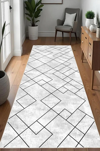 Dijital Baskılı Dekoratif Kaymaz Taban Yıkanabilir Geometrik Yolluk Antre Hol Halısı Salon Halısı 200 x 250 cm Gri - 1