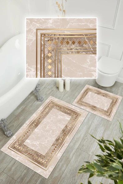 Dijital Baskı Çerçeveli Kaymaz Taban 2li Set Banyo Paspası Klozet Takımı (50x60cm-60x100cm) Krem Tek Ebat - Resim 3