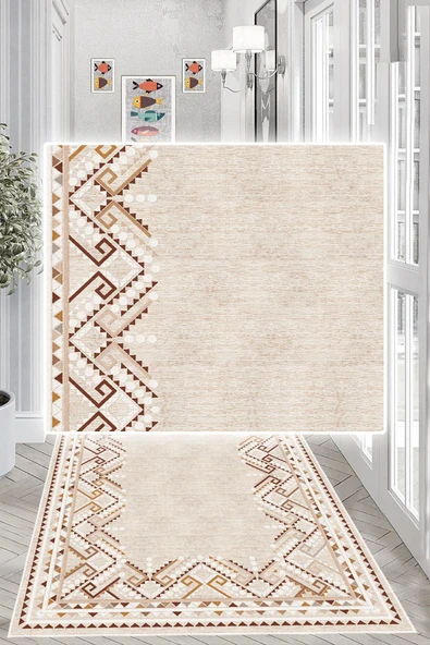 Dijital Baskılı Dekoratif Kaymaz Taban Yıkanabilir Kilim Yolluk Antre Hol Halısı Salon Halısı 200 x 250 cm Krem - 3