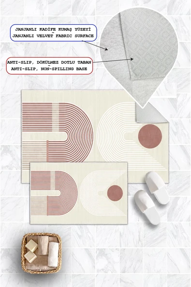 Dijital Baskı Modern Kaymaz Taban 2li Set Banyo Paspası Klozet Takımı (50x60cm-60x100cm) Pembe Tek Ebat - Resim 2