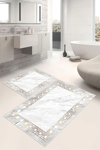 Dijital Baskı Klasik Kaymaz Taban 2li Set Banyo Paspası Klozet Takımı (50x60cm-60x100cm) Gri Tek Ebat ürün görseli