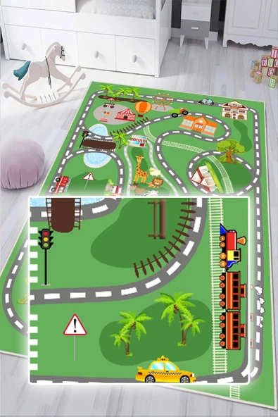 Dijital Baskılı Dekoratif Kaymaz Taban Yıkanabilir Trafik Parkı Temalı Modern Çocuk Halısı 120x180 cm Yeşil - Resim 4