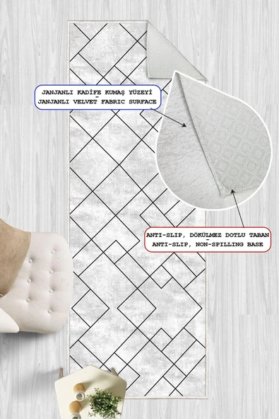 Dijital Baskılı Dekoratif Kaymaz Taban Yıkanabilir Geometrik Yolluk Antre Hol Halısı Salon Halısı 60 x 250 cm Gri - 2