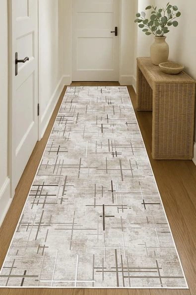 Dijital Baskılı Dekoratif Kaymaz Taban Yıkanabilir Kilim Yolluk Antre Hol Halısı Salon Halısı 80 x 200 cm Bej - 1