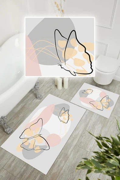 Dijital Baskı Kelebek Desen Kaymaz Taban 2li Set Banyo Paspası Klozet Takımı (50x60cm-60x100cm) Gri Tek Ebat - Resim 2