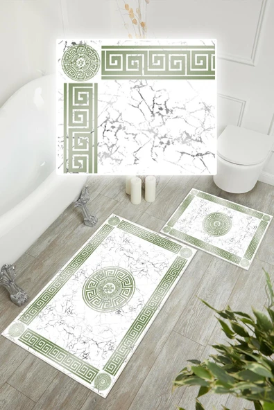 Dijital Baskı Mermer Desen Kaymaz Taban 2li Set Banyo Paspası Klozet Takımı (50x60cm-60x100cm) Yeşil Tek Ebat - Resim 3