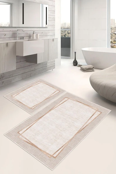 Dijital Baskı Çerçeveli Kaymaz Taban 2li Set Banyo Paspası Klozet Takımı (50x60cm-60x100cm) Bej Tek Ebat ürün görseli