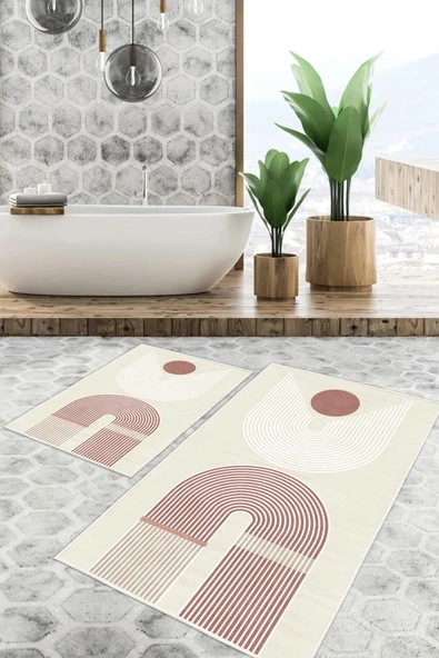 Dijital Baskı Modern Kaymaz Taban 2li Set Banyo Paspası Klozet Takımı (50x60cm-60x100cm) Pembe Tek Ebat ürün görseli
