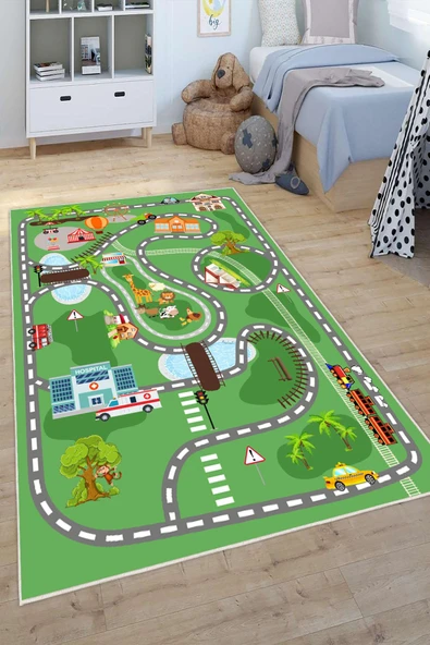 Dijital Baskılı Dekoratif Kaymaz Taban Yıkanabilir Trafik Parkı Temalı Modern Çocuk Halısı 80x400 cm Yeşil ürün görseli