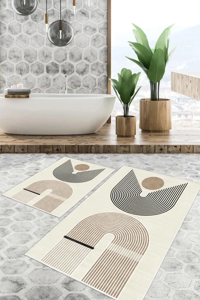 Dijital Baskı Modern Kaymaz Taban 2li Set Banyo Paspası Klozet Takımı (50x60cm-60x100cm) Kahverengi Tek Ebat ürün görseli