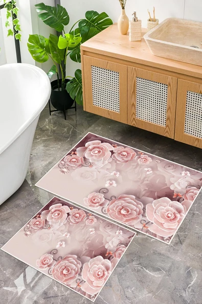 Dijital Baskı Gül Desen Kaymaz Taban 2li Set Banyo Paspası Klozet Takımı (50x60cm-60x100cm) Pembe Tek Ebat ürün görseli