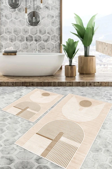 Dijital Baskı Modern Kaymaz Taban 2li Set Banyo Paspası Klozet Takımı (50x60cm-60x100cm) Krem Tek Ebat ürün görseli