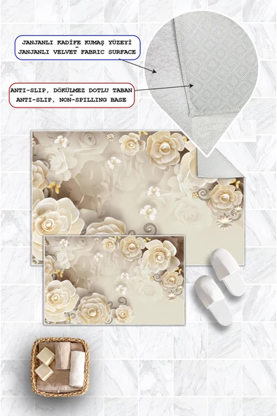 Dijital Baskı Gül Desen Kaymaz Taban 2li Set Banyo Paspası Klozet Takımı (50x60cm-60x100cm) Krem Tek Ebat - Resim 2