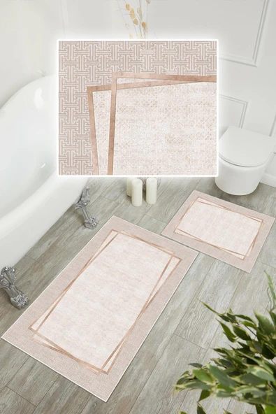 Dijital Baskı Çerçeveli Kaymaz Taban 2li Set Banyo Paspası Klozet Takımı (50x60cm-60x100cm) Bej Tek Ebat - Resim 3