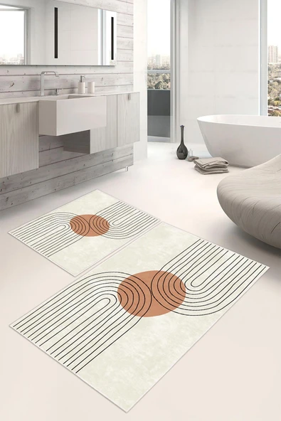Dijital Baskı Art Serisi Kaymaz Taban 2li Set Banyo Paspası Klozet Takımı (50x60cm-60x100cm) Krem Tek Ebat ürün görseli