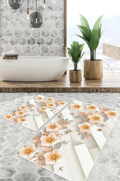 Dijital Baskı Çicek Desen Kaymaz Taban 2li Set Banyo Paspası Klozet Takımı (50x60cm-60x100cm) Krem Tek Ebat ürün görseli