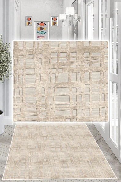 Dijital Baskılı Dekoratif Kaymaz Taban Yıkanabilir Modern Yolluk Antre Hol Halısı Salon Halısı 80 x 400 cm Krem - 3