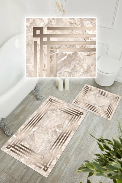 Dijital Baskı Mermer Desen Kaymaz Taban 2li Set Banyo Paspası Klozet Takımı (50x60cm-60x100cm) Kahverengi Tek Ebat - Resim 2