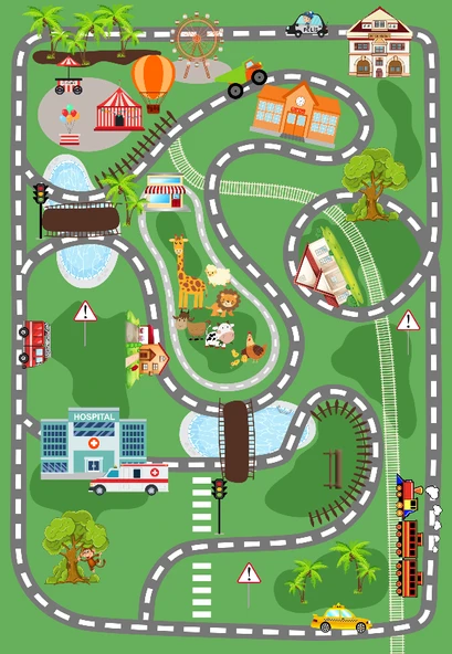 Dijital Baskılı Dekoratif Kaymaz Taban Yıkanabilir Trafik Parkı Temalı Modern Çocuk Halısı 60x100 cm Yeşil - Resim 3