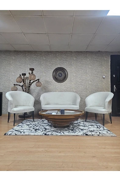 TEDDY Takım Siyah Boyalı Telli Ayak Çay Seti Koltuk - Berjer , Balkon, Salon, Ofis Krem Renk 40 x 125 Boyut/Ebat