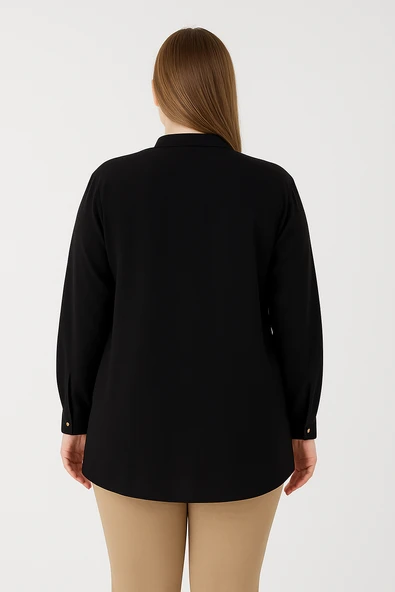 Kadın Büyük Beden Düğme Detaylı Jesica Kumaş Katlama Kol Hakim Yaka Tunik - Resim 12