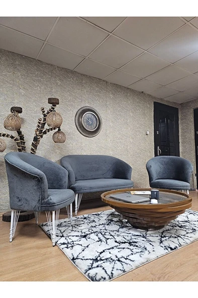 TEDDY Takım Beyaz Boyalı Telli Ayak Çay Seti Koltuk - Berjer , Balkon, Salon, Ofis Füme Renk 40 x 125 Boyut/Ebat - 3