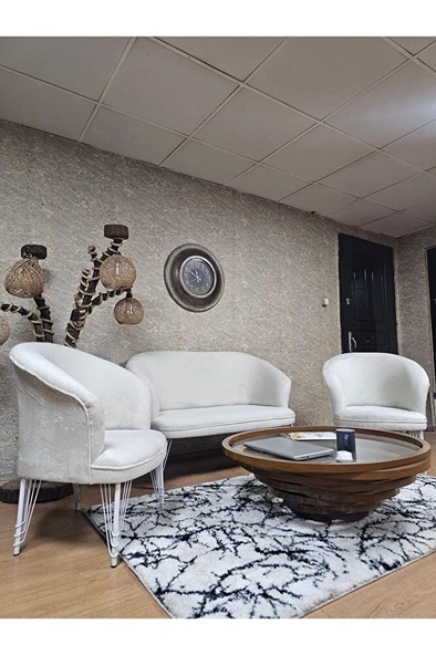 TEDDY Takım Beyaz Boyalı Telli Ayak Çay Seti Koltuk - Berjer , Balkon, Salon, Ofis Krem Renk 40 x 125 Boyut/Ebat - 3