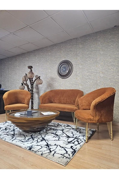 TEDDY Takım Gold Kaplama Telli Ayak Çay Seti Koltuk - Berjer , Balkon, Salon, Ofis Kiremit Renk 40 x 125 Boyut/Ebat - Resim 4