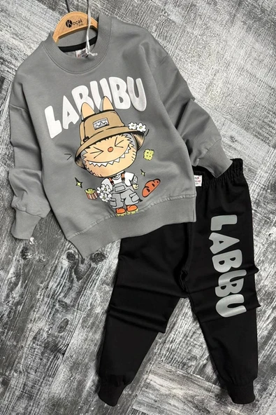 Labubu Desenli Erkek Çocuk Gri Renk Eşofman Takım - 3
