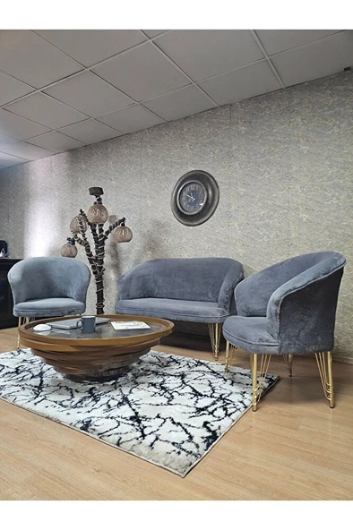 TEDDY Takım Gold Kaplama Telli Ayak Çay Seti Koltuk - Berjer , Balkon, Salon, Ofis Gri Renk 40 x 125 Boyut/Ebat - 4