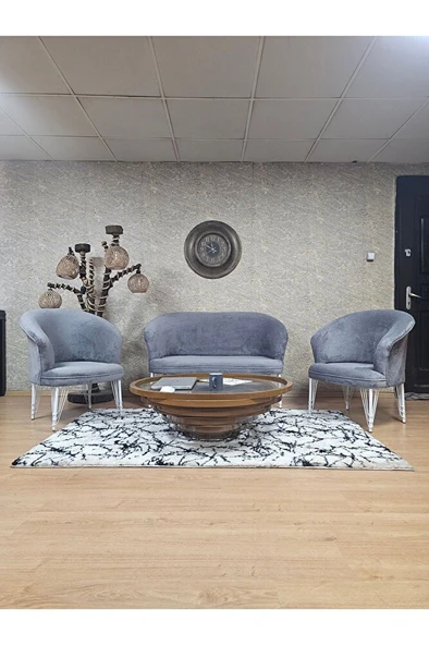 TEDDY Takım Beyaz Boyalı Telli Ayak Çay Seti Koltuk - Berjer , Balkon, Salon, Ofis Gri Renk 40 x 125 Boyut/Ebat ürün görseli