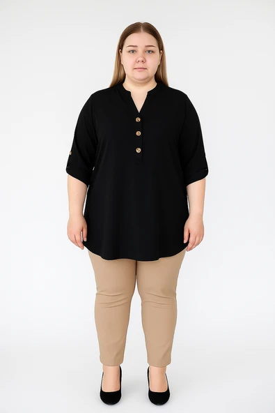 Kadın Büyük Beden Düğme Detaylı Jesica Kumaş Katlama Kol Hakim Yaka Tunik - Resim 11