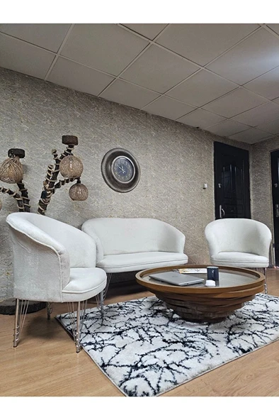 TEDDY Takım Krom Kaplama Telli Ayak Çay Seti Koltuk - Berjer , Balkon, Salon, Ofis Krem Renk 40 x 125 Boyut/Ebat - Resim 3