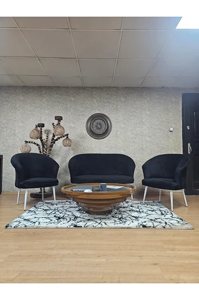 TEDDY Takım Beyaz Boyalı Sivriltme Ayak Çay Seti Koltuk - Berjer , Balkon, Salon, Ofis Siyah Renk 40 x 125 Boyut/Ebat