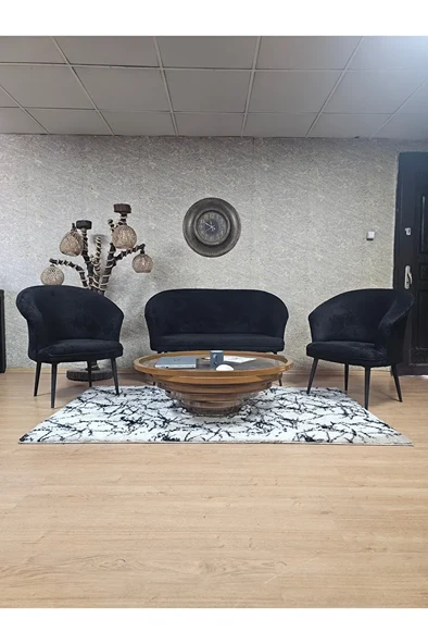 TEDDY Takım Siyah Boyalı Sivriltme Ayak Çay Seti Koltuk - Berjer , Balkon, Salon, Ofis Siyah Renk 40 x 125 Boyut/Ebat